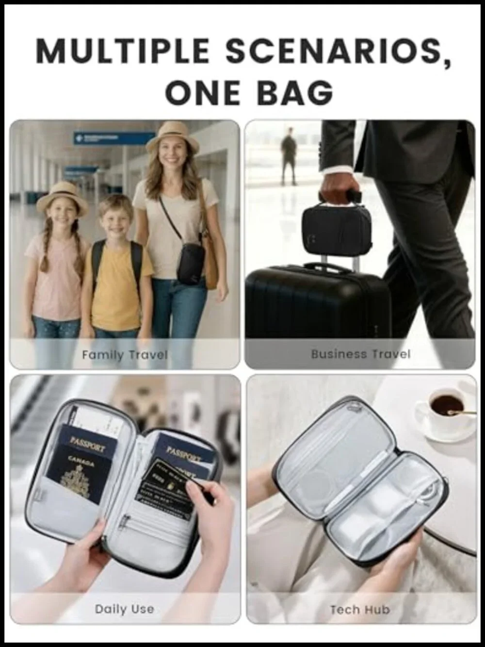 RFID Blocking Passport Holder 2-in-1 Travel Organizer Detachable Strap